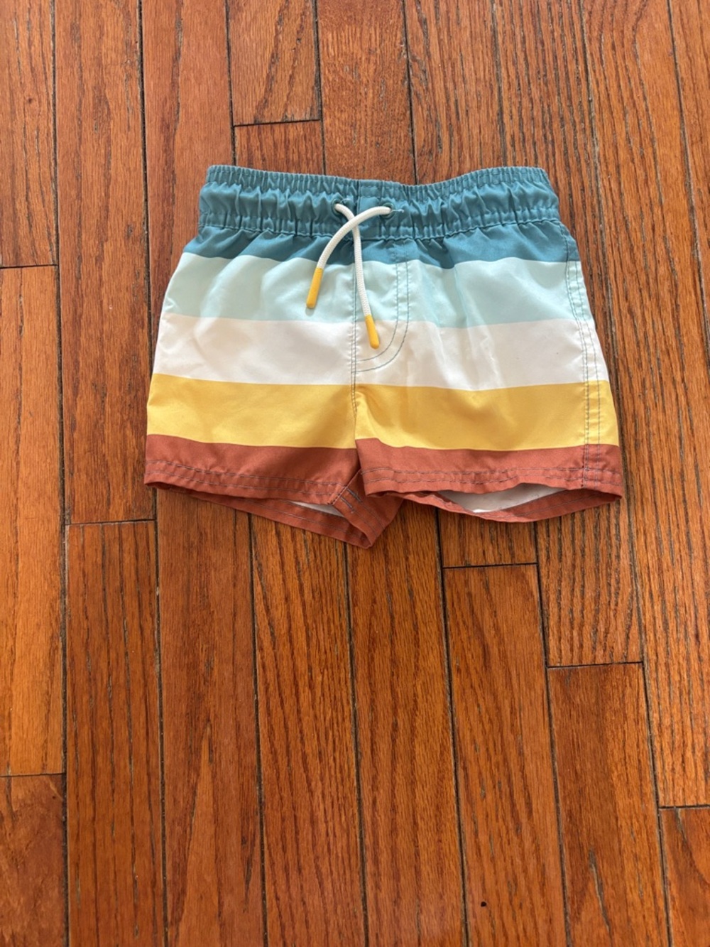 Cat & Jack Multicolor Striped Swim Trunks - Teal, White, Yellow, Rust